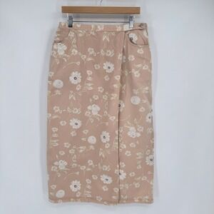 Susan Bristol Light Pink/White Floral Denim Long Cotton Wrap Skirt Women's Sz 16
